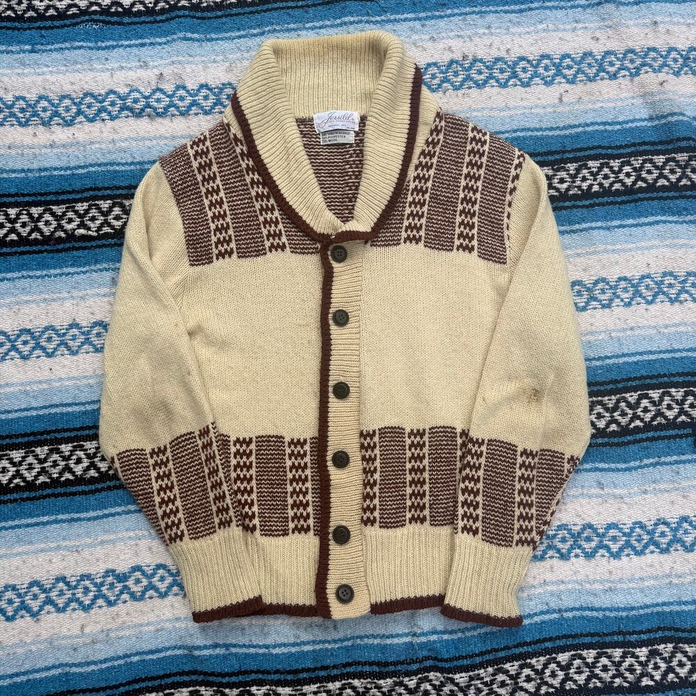 Men's Vintage 60's Jersild Cream Tan Brown Cardigan Knit Wool Shawl Sweater Sz L